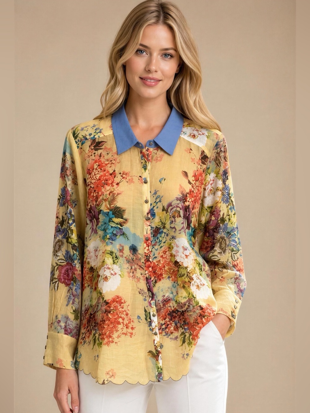 Aratta Yellow Floral Embroidered Button-Down Shirt with Blue Collar